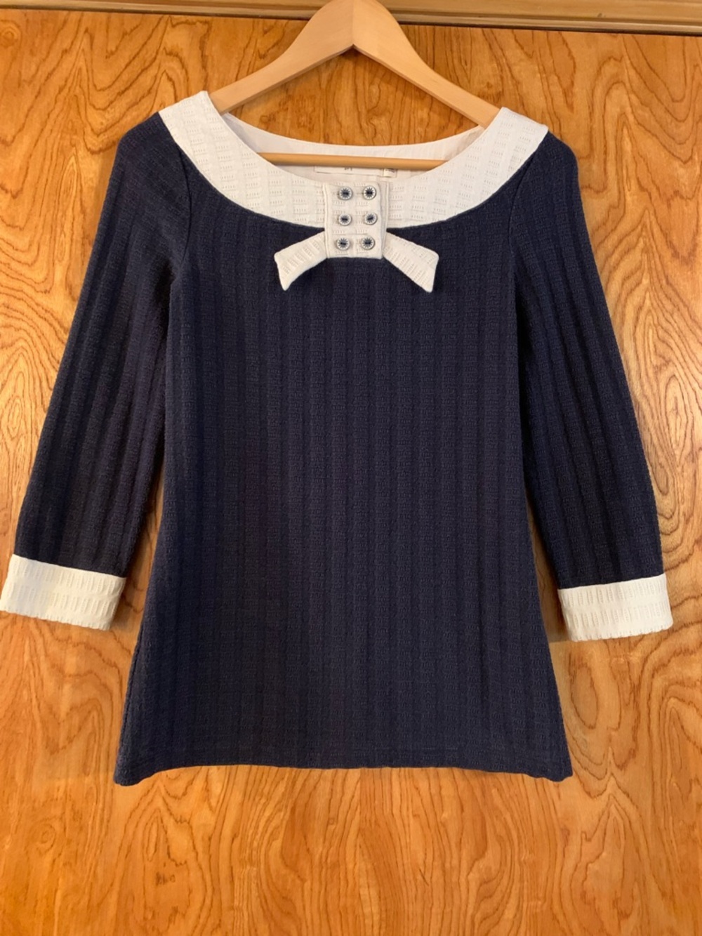 Pilcro Navy Sweater with White Trim and Bow Detail